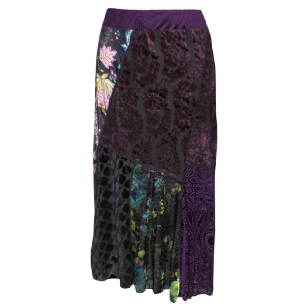 Petit Pois Whimsigoth Purple Patchwork Velvet Maxi Skirt Bohemian Panel Design